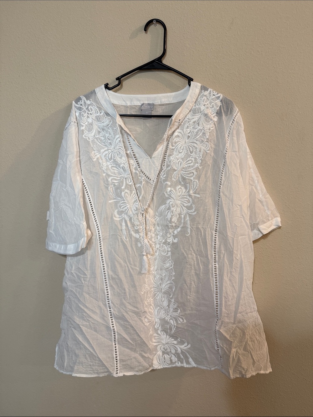 Chico's White Embroidered V-Neck Tunic